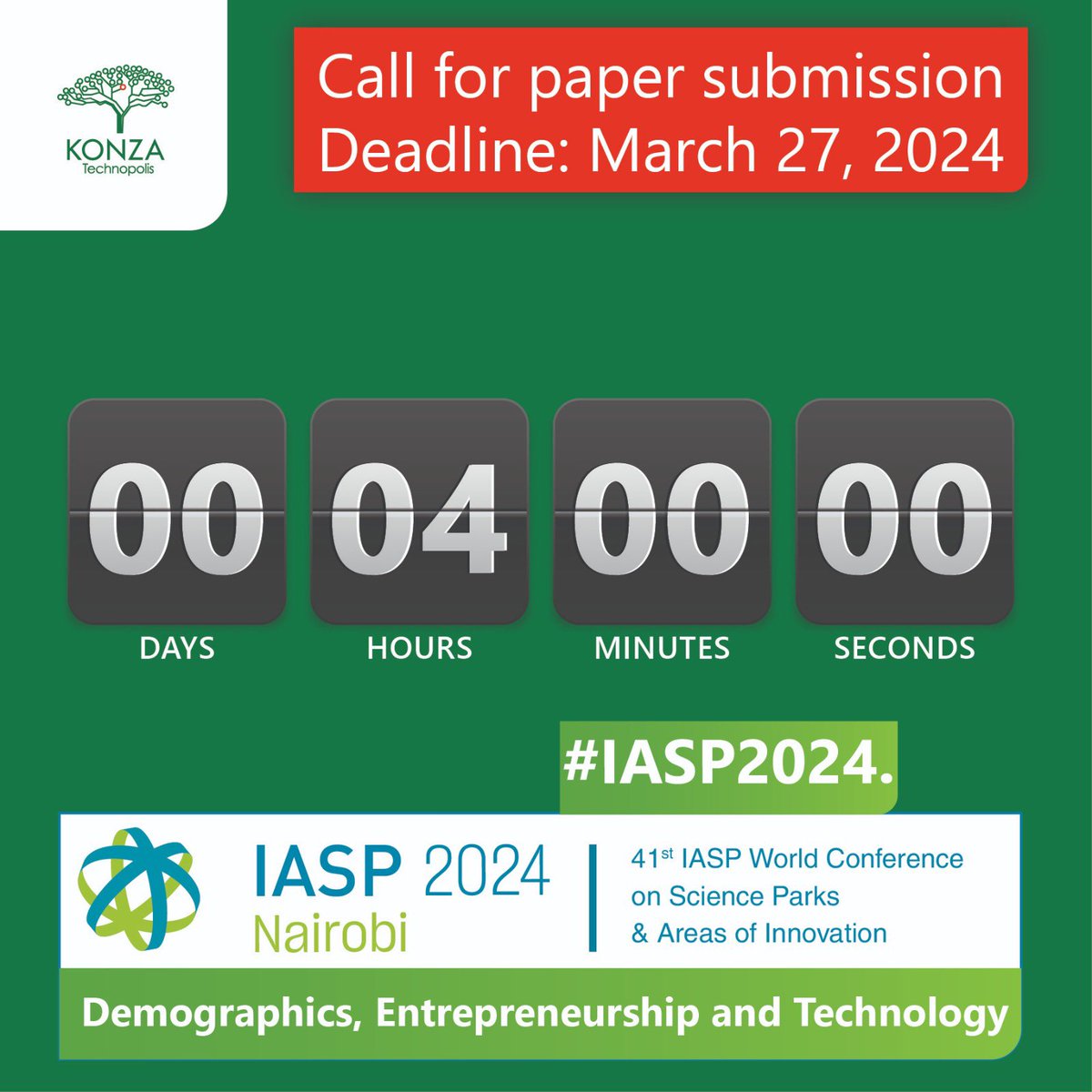 It’s the final stretch! 4 hours left to submit your papers for IASP 2024. Your research deserves a global platform. Hurry, the clock is ticking! 
@IASPnetwork @MoICTKenya @ICTAuthorityKE @ODPC_KE @nacosti @KENIAupdates @jpokwiri @tanuijohn 
#IASP2024 #SubmitNow