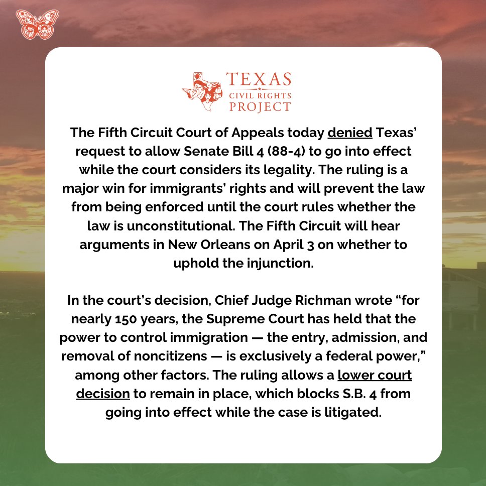 🚨NEW: The 5th Circuit has blocked #SB4 from taking effect! This marks a significant victory in our mission to protect the rights of migrants and our border communities from state-sanctioned profiling and harassment. Appeals will follow, but this is a move in the right direction.