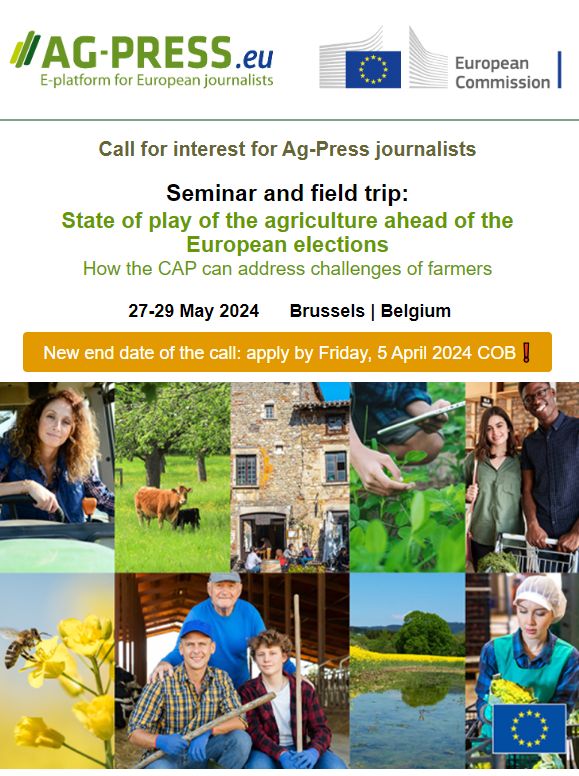 EUAgri's tweet photo. 🗓️New deadline to apply for journalists - April 5!

📣 Are you interested in a high-level seminar with 2 farm visits focusing on the state of play of the #CAP ahead of the 🇪🇺 EU elections?

Join the https://t.co/QsXkEHozus network &amp; apply for this call!

👉https://t.co/NkHeqVmJry https://t.co/aUcsAfAsN0