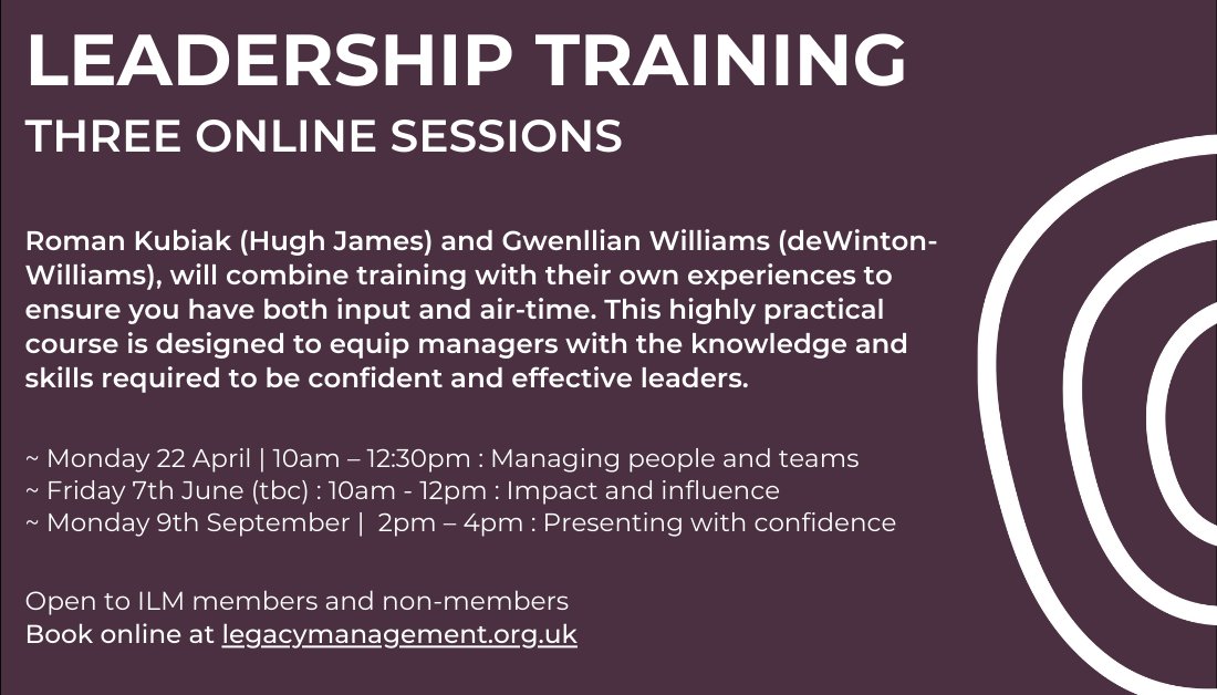 Would you like to be a confident and effective leader? Join hosts from @HughJamesLegal James and deWinton-Williams Consulting for 3 interactive, practical sessions to boost your skills. The first session on 22/04 focuses on Managing People and Teams. legacymanagement.org.uk/events/leaders…