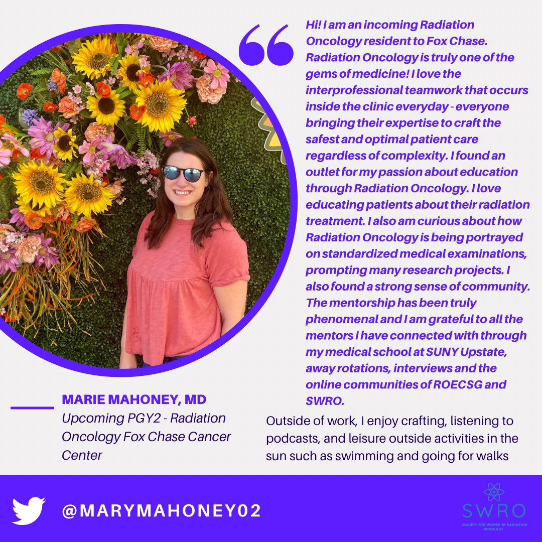 This #WeWhoCurie Wednesday we highlight @MaryMahoney02 who is an incoming PGY2 @FoxChaseCancer 👏 She shares with us today why she loves #RadOnc 😍 We love seeing #WomenWhoCurie starting their residency with such passion for our field! 🤩