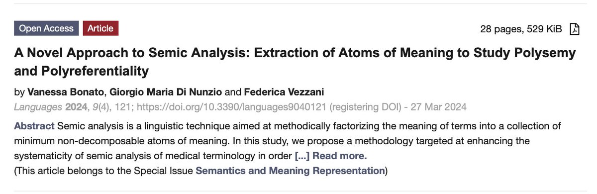 Federica Vezzani (@federicavezzan3) on Twitter photo We are delighted to announce the publication of our paper in the special issue "Semantics and Meaning Representation".
Congrats <a href="/VanessaBonato_/">Vanessa Bonato</a> for this work! 🥳
#terminology #semicanalysis #polysemy We are delighted to announce the publication of our paper in the special issue "Semantics and Meaning Representation".
Congrats <a href="/VanessaBonato_/">Vanessa Bonato</a> for this work! 🥳
#terminology #semicanalysis #polysemy