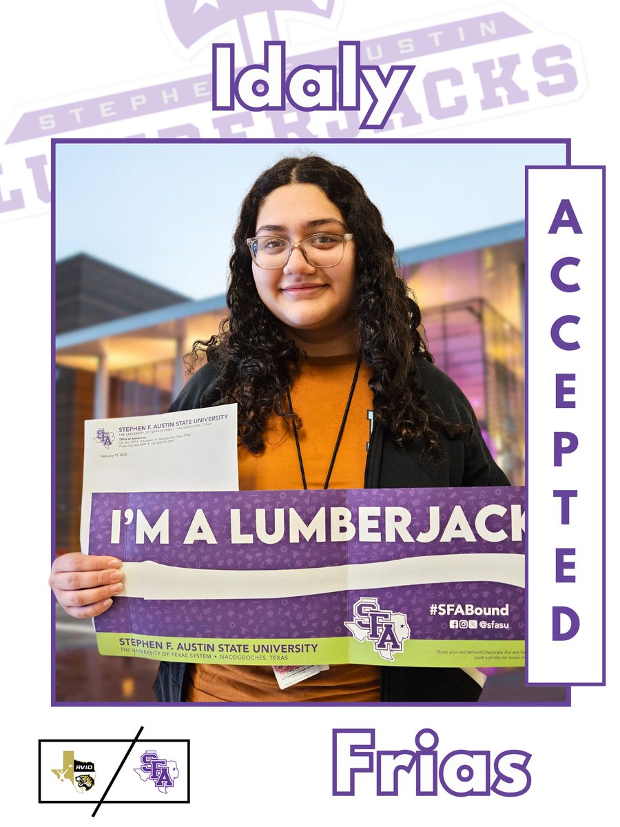 Congratulations to @IrvingHigh student, Idaly, on her acceptance to @SFASU. We are #AVID proud of you! #texastornadodesigns #tigernation #sfabound #classof2024