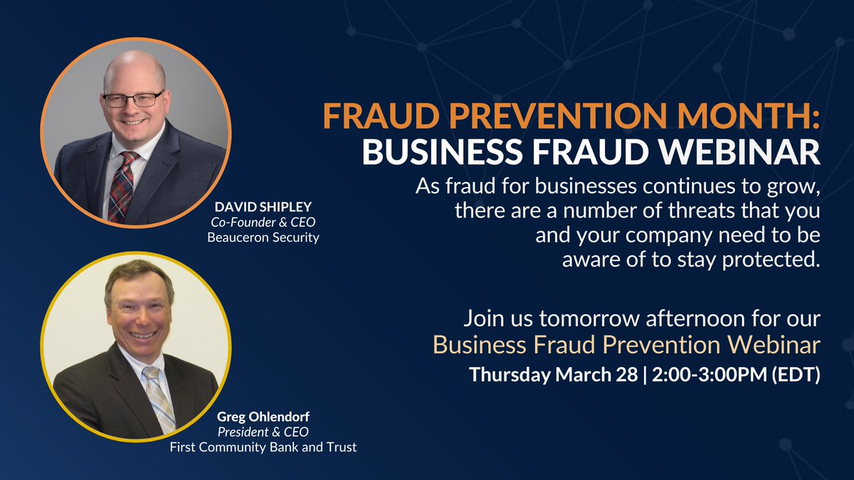 Businesses continue to be a target for fraud. We have partnered with First Community Bank and Trust to offer you free Fraud Prevention Webinars. Join us tomorrow (March 28 at 2pm ET) to learn about how fraud impacts business. Register here: hubs.ly/Q02qXTjD0
