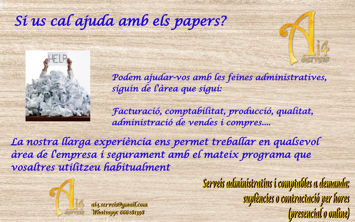 Si la feina es fa bé, la gestió es fàcil.
A:  ai4serveis.wixsite.com/ai4serveis
som especialistes en feines d'administració, i no pas només de comptabilitat o facturació..

Nosaltres ens impliquem a l'àrea on calgui, ajudant-vos a millorar i optimitzar els costos i resultats. #SolucionsAi4