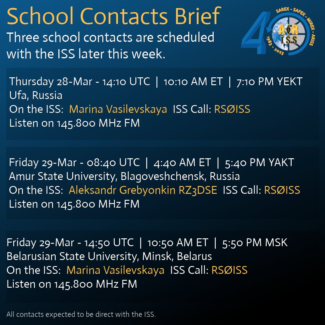Contacts upcoming!

Expect three #AmateurRadio contacts between the ISS and schools in Russia and Belarus on Thursday and Friday.  

Detailed times in the graphic!