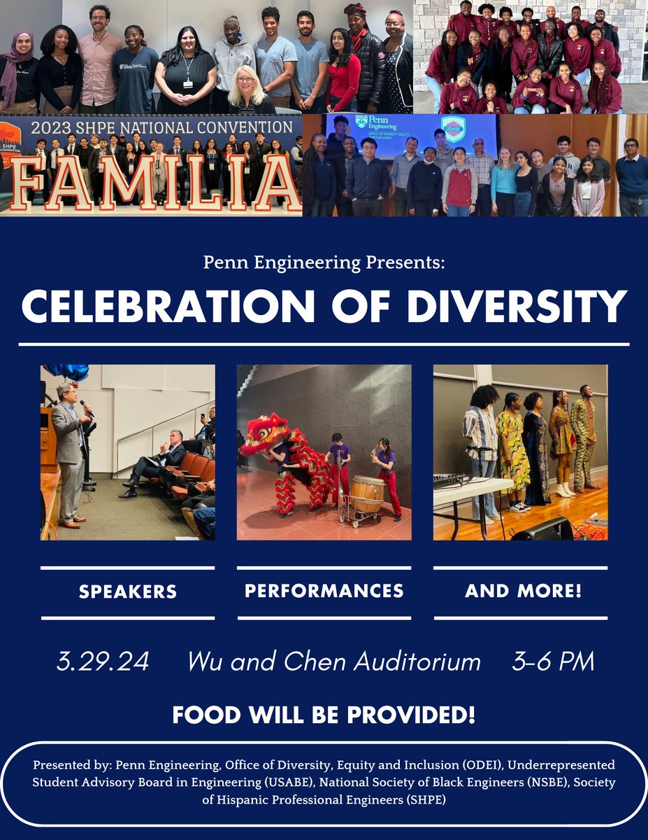 Rehab Robotics Lab (@pennrehabrobots) on Twitter photo 🎈 Penn Engineering Presents a Celebration of Diversity
🗓 3/29/24 in Wu & Chen Auditorium from 3-6 PM 🎈 Penn Engineering Presents a Celebration of Diversity
🗓 3/29/24 in Wu & Chen Auditorium from 3-6 PM