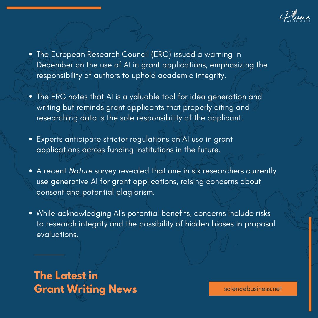 The European Research Council has cautioned scientists on the use of AI in grant writing, sparking discussions on academic integrity and funding impacts. How will AI reshape the grant writing landscape? 🌐🤖 #iPlumeWriting #GrantWriting #ERC #AIProposals #AIWriting
