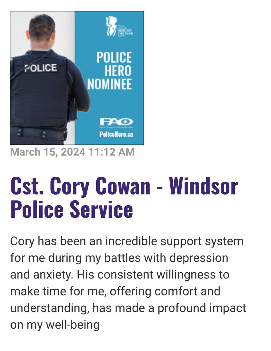 A critical role of policing is supporting others during difficult times. Thank you Sgt Cowan for being a dependable resource for those in need. Your dedication to helping others is valued & appreciated. Congratulations on this @PoliceAssocON #PoliceHero nomination.