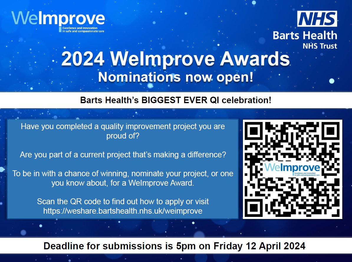 We’ve listened! You’ve asked for longer to submit your applications and so we’ve extended the closing date until 5pm on 12th April. Please spread the word and keep those nominations coming in. Hear from last year's winners on how it felt...' weshare.bartshealth.nhs.uk/trustwide-news…