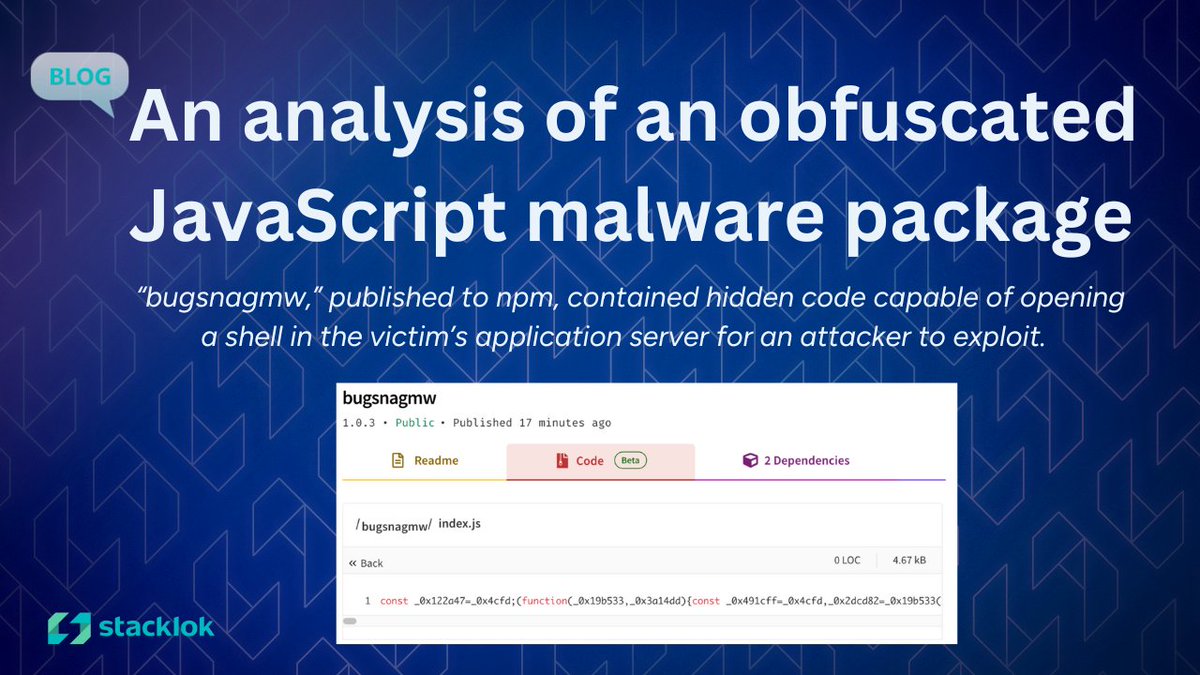 Via <a href="/trustypkg/">trustypkg</a> , we found a malicious JavaScript #oss package minutes after it was published to <a href="/npmjs/">npm</a> last week. "bugsnagmw" was advertised as useful middleware for an Express web application, but actually opened a shell in your app server for an attacker to exploit. 

Here's