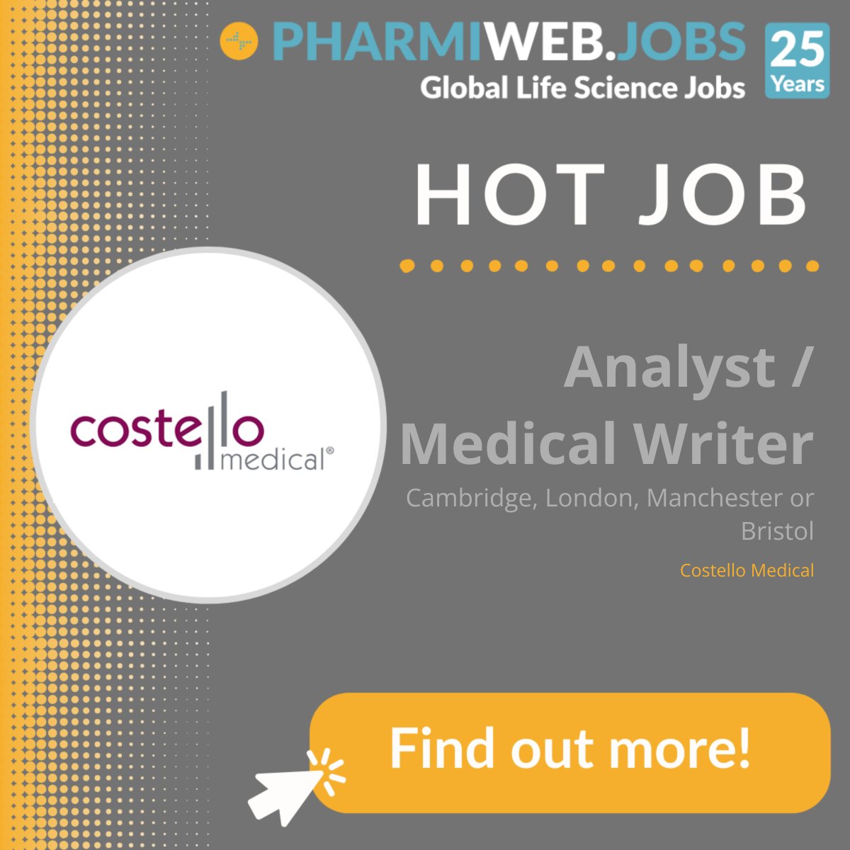 HOT JOB! Analyst / Medical Writer - pharmiweb.jobs/job/1767464?ut… Location: Cambridge, London, Manchester or Bristol Salary: £35,000 per annum #CostelloMedical #Analysts #MedicalWriters #ClinicalTrials #ScientificBackground #CostelloMedical #PharmiWeb