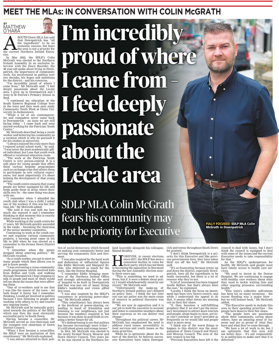 🤓Grateful to talk to the Down Recorder about what got me into politics; my hopes for Downpatrick; the SDLP in opposition, and everything in between! Have a read! #politics #Downpatrick @sdlplive