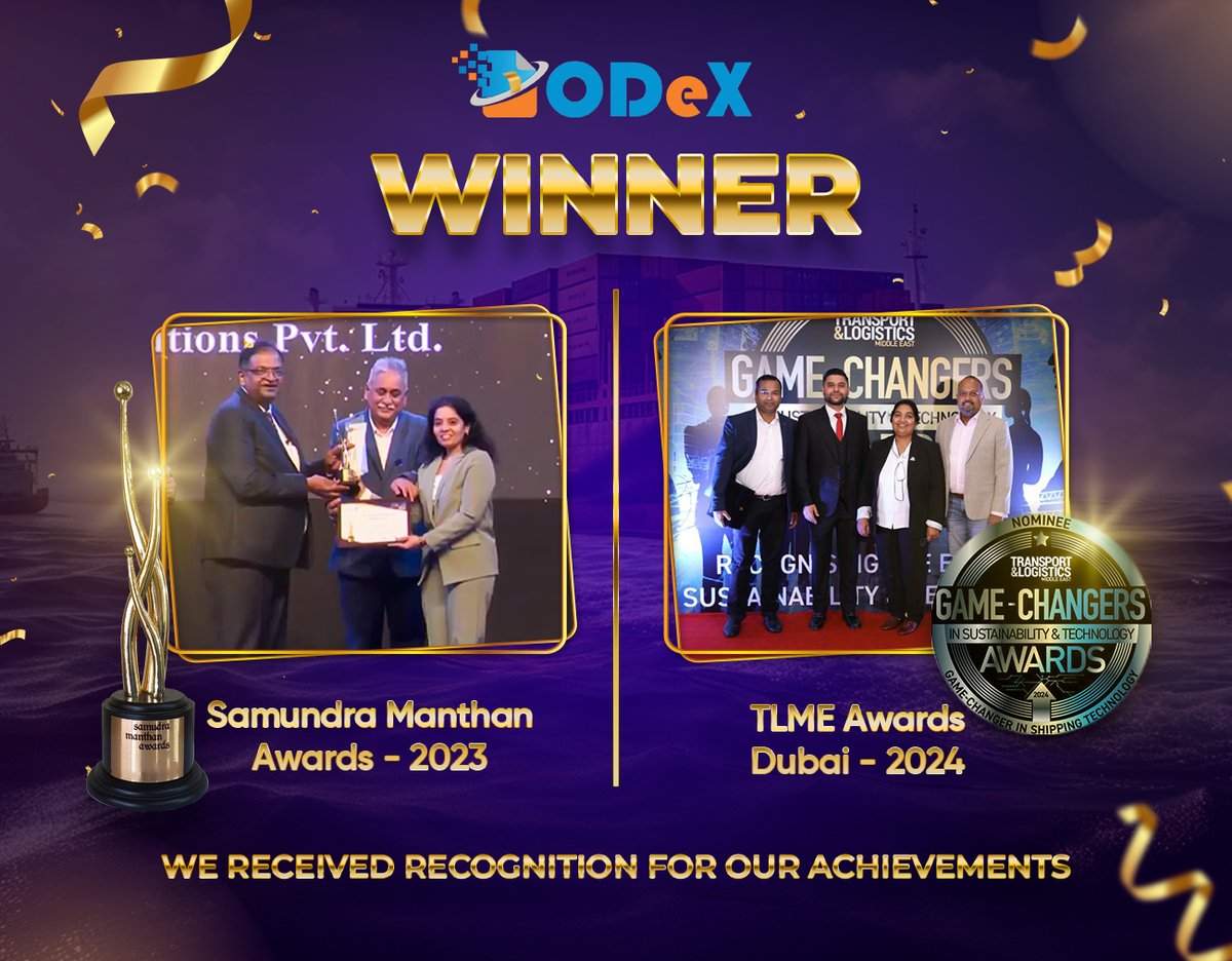 Flashback to our proud moments in 2023-2024! Reflecting on our wins at the Samundra Manthan Awards and TLME Awards Dubai. Grateful for the recognition and excited for what lies ahead! 
#ODeX #ODeXglobal #OceanShipping #Awards #TLME #SamundraManthan