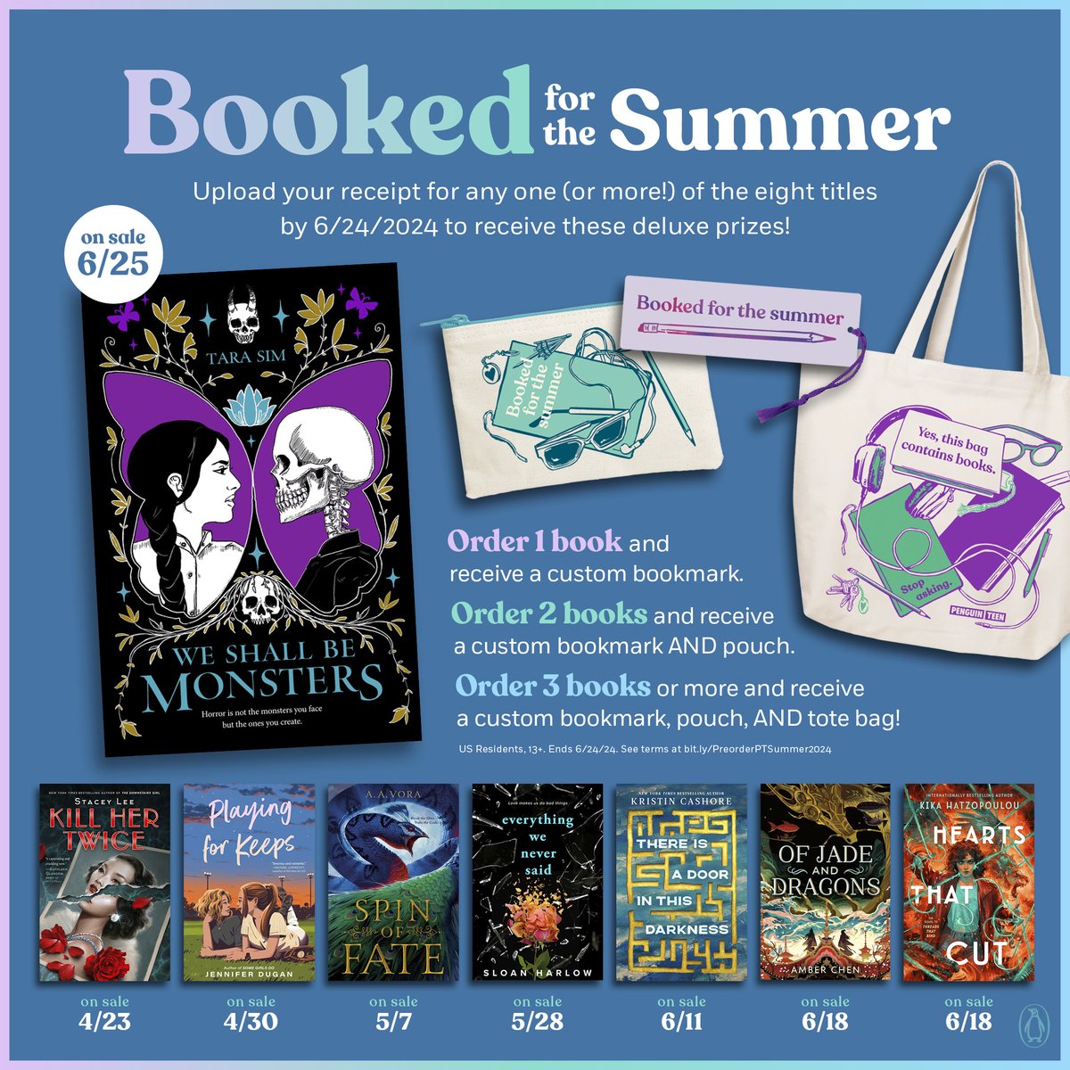 Exciting news: WE SHALL BE MONSTERS is a part of @PenguinTeen's Booked for the Summer campaign! 🦋💀🪷 Preorder one or more participating books to get great prizes (and that color scheme goes great with WSBM, just sayin) Enter and find out more here: woobox.com/wh4w4x