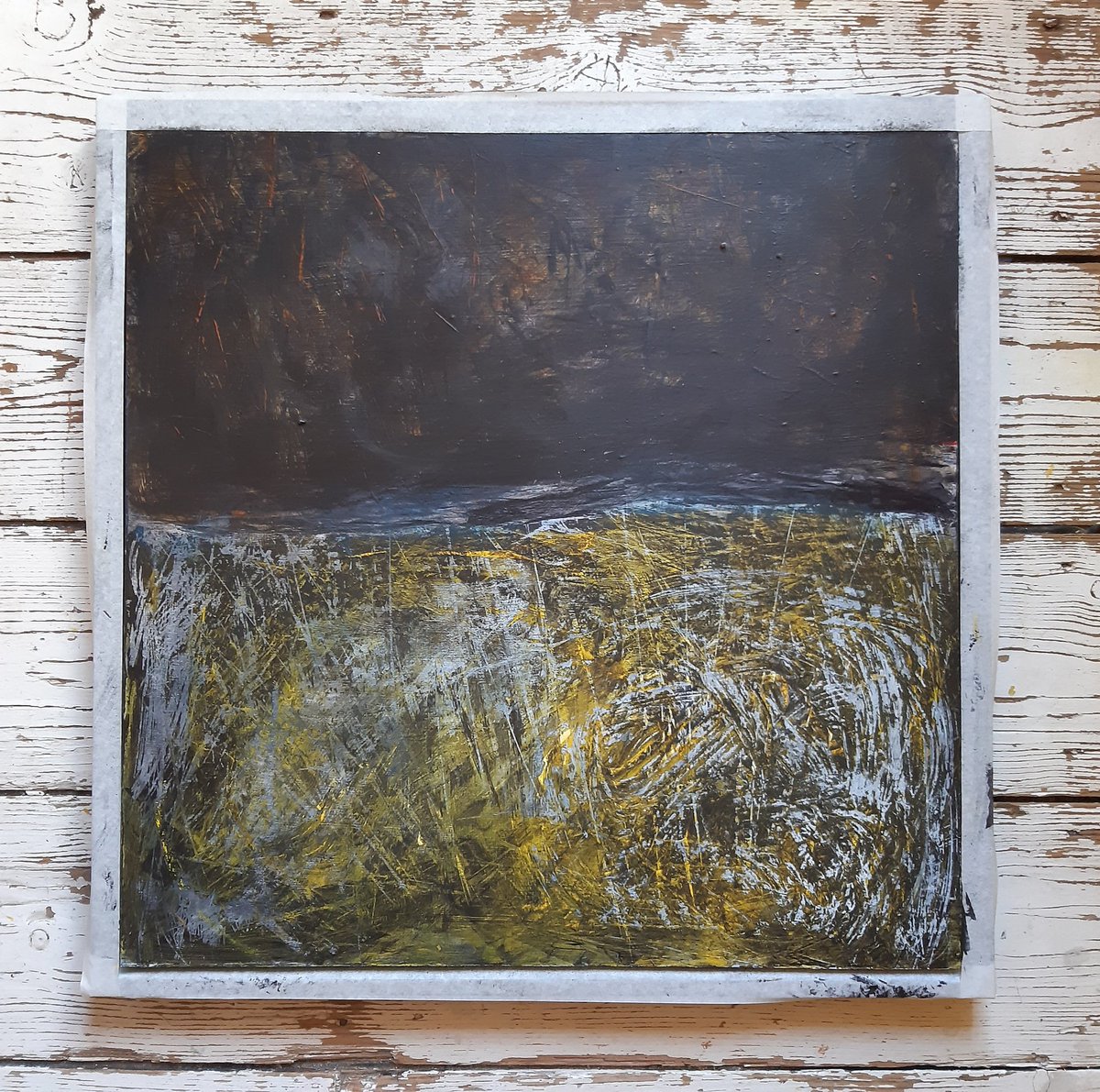 Messing around with an 'old' painting I didn't totally like. Sanded, turned upside-down, threw paint down, rubbed it in, wiped it off, scratched about abit. Now I'm liking alot of what I see. All sorts of stuff on a 50x50cm cradled wood panel, still in it's black tray frame.
