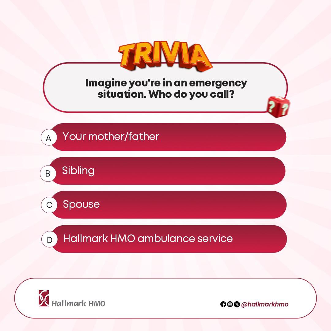 HallmarkHmo's tweet photo. Emergency situations can happen unexpectedly. Who would you call in a pinch? Share your choice in the comments and tag a friend to see who they’d pick! 🚨
#trivia #hallmarkhmo #healthisbae #emergency https://t.co/RgSE2kyJZO