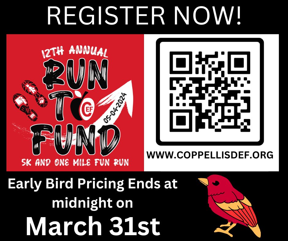 The early bird gets the worm AND reduced pricing! Register for Run 2 Fund now before prices go up on April 1st. Come join the fun on May 4th at Andy Brown East and help us raise funding for Coppell ISD schools! Visit coppellisdef.org to register today!