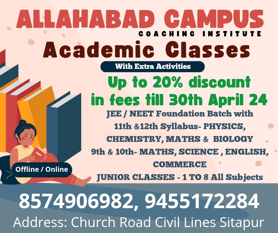 avdhesh002's tweet photo. 30 अप्रैल तक प्रवेश लेने पर फीस में 20 % discount
श्रेष्ठ अध्यापकों के द्वारा बेहतरीन वातावरण में पढ़ने के लिए आज ही संपर्क करें @CampusAllahabad  कोचिंग इंस्टीट्यूट https://t.co/rTQfUjXNzw