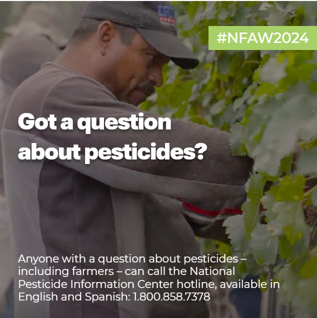 Have questions about pesticides? So do many farmworkers. Anyone can call @NPICatOSU for pesticide information. Funding from @EPA supports NPIC’s free telephone hotline in English and Spanish. Learn more: npic.orst.edu #NFAW2024