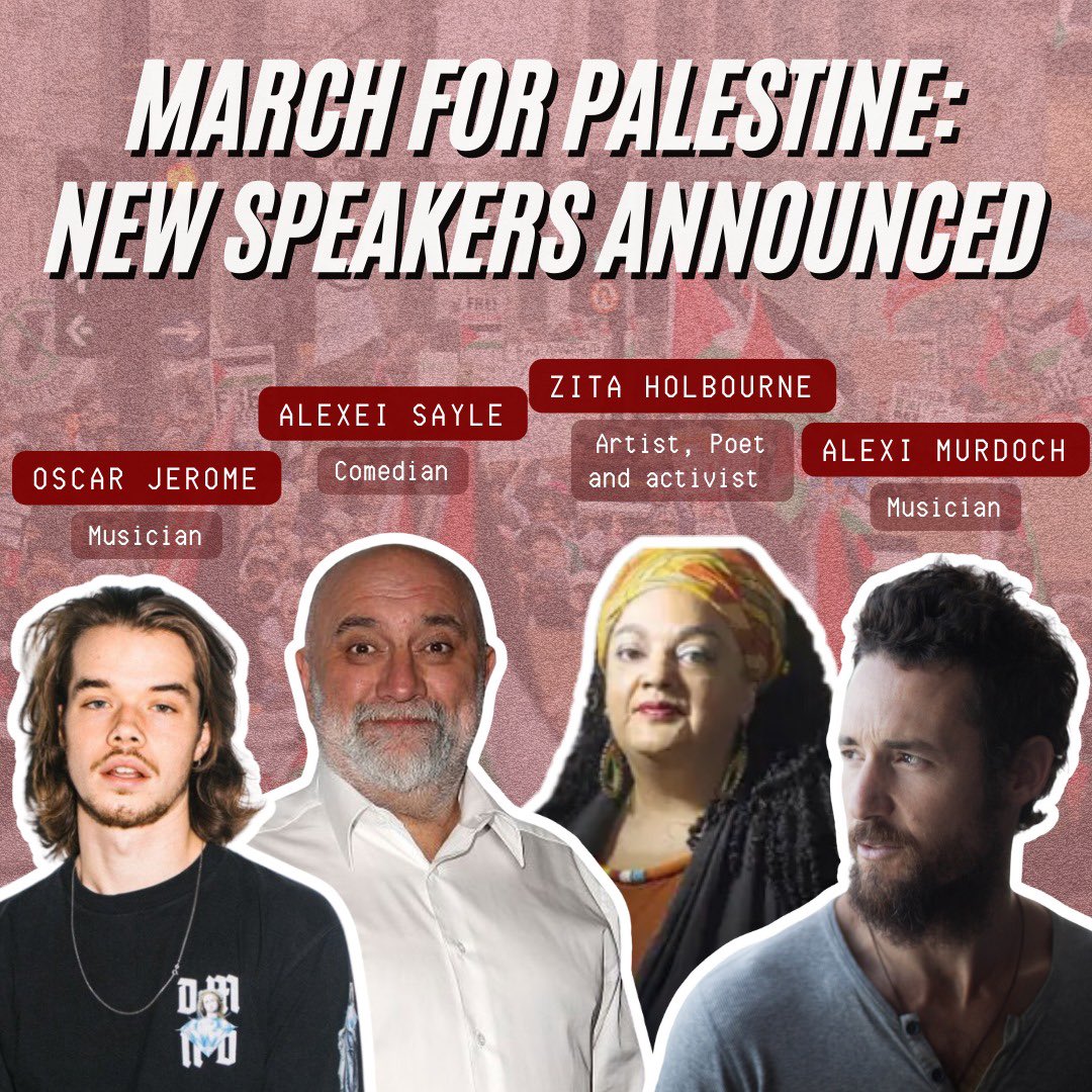 📣 Fantastic line up of speakers and performers announced for Saturday’s national march for Palestine 🇵🇸 👭 Assemble noon, Russell Square. March to Trafalgar Square. #CeasefireNow #FreePalestine