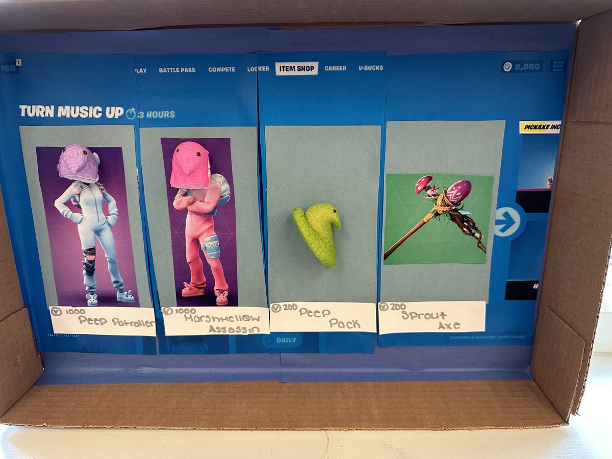 MHSCareerTech's tweet photo. The final products from the Peeporama project in Marketing! Fortnite &amp; Peep collab; Avatar; Inside Out; Beetlejuice @miltonhershey https://t.co/Z732ve4SHy