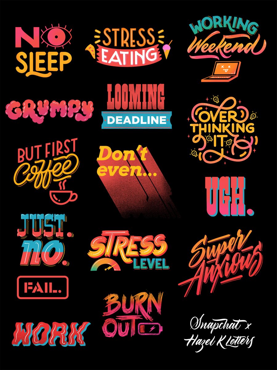 gillustration's tweet image. Typographic stickers for Snapchat by Hazel Karkaria 

buff.ly/3VfHWFo 

#typetopia #goodtype #thedailytype #calligraphy #lettering #letteringartist #type #typographer #typography #typeeverything #typographydesignersclub #handlettering #typegang #typographyinspired