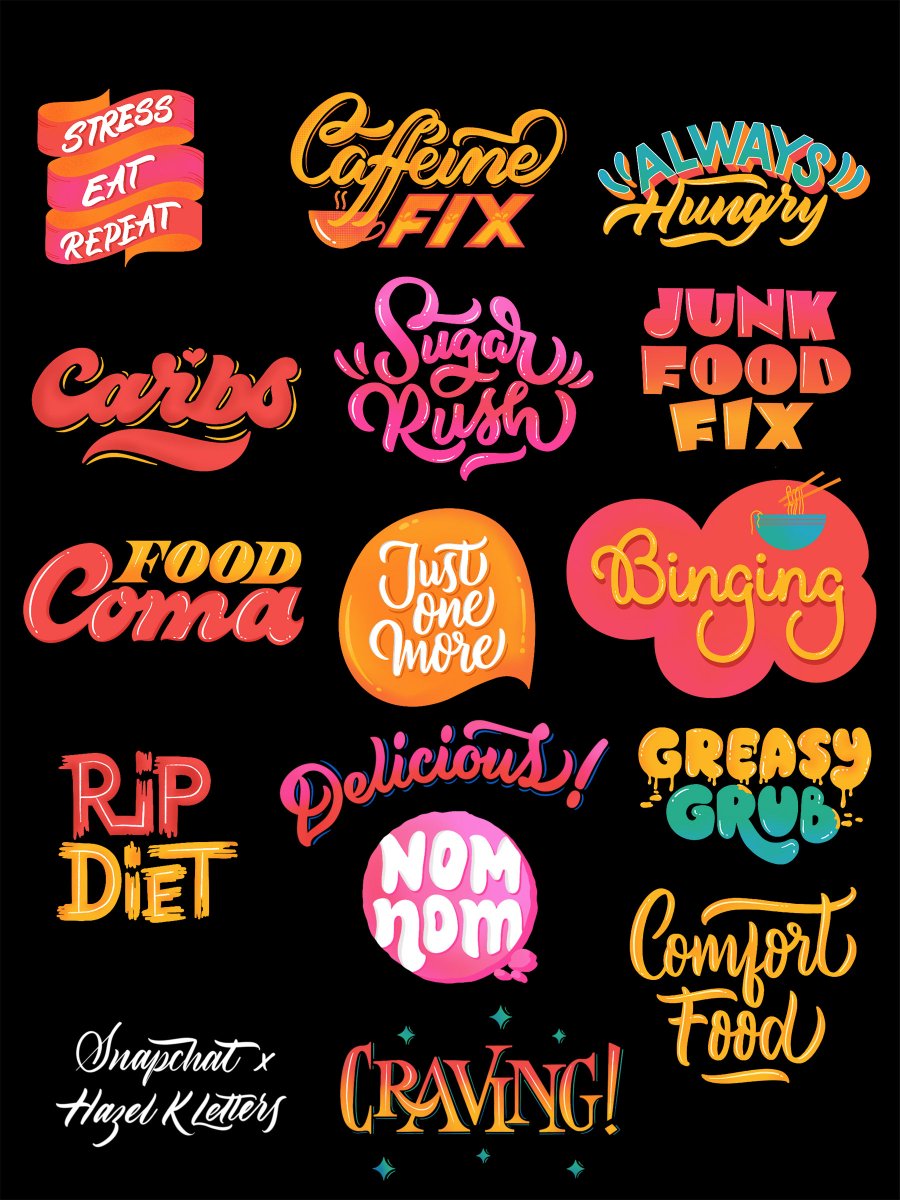 gillustration's tweet image. Typographic stickers for Snapchat by Hazel Karkaria 

buff.ly/3VfHWFo 

#typetopia #goodtype #thedailytype #calligraphy #lettering #letteringartist #type #typographer #typography #typeeverything #typographydesignersclub #handlettering #typegang #typographyinspired