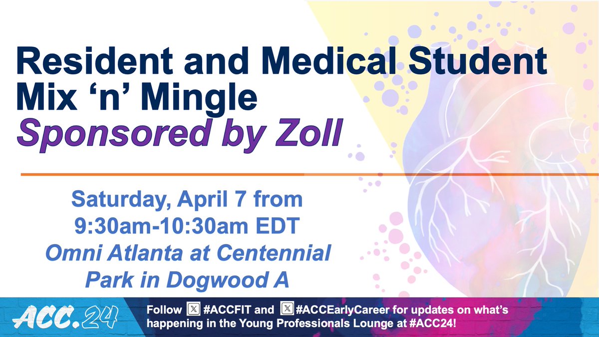 ⭐️ Resident & Medical Student Mix 'n' Mingle, sponsored by @zoll_cms ⭐️ 4/7, 9:30a-10:30a ⭐️ A fantastic opportunity for our trainees to network with leaders across cardiovascular medicine — spread the word! #ACCMedicalStudent #ACCMedicalResident @AdrianaCMares @WICACTion
