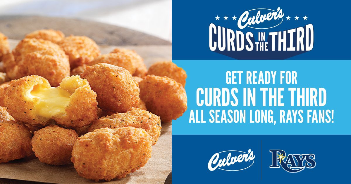 RaysBaseball's tweet photo. 🚨Free cheese related news for 2024🚨

If the Rays score in the third inning during any home game this season, you score FREE @Culvers Cheese Curds! https://t.co/HyzfXhUaiG