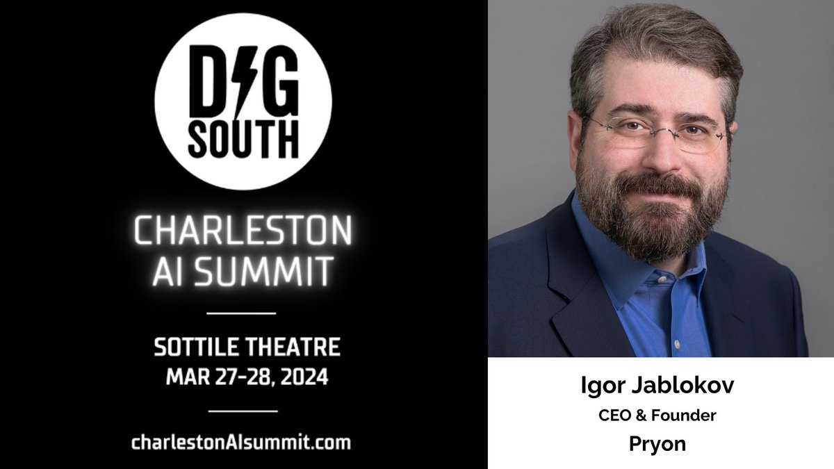 pryon's tweet photo. Attending #CharlestonAISummit tomorrow? Join Pryon CEO & Founder @ijablokov for two exciting sessions: 
 
🎤 Panel: The Game Has Changed — How do you become an investable #AI Company?

🎤 Closing keynote: Fireside chat

Learn more: https://t.co/v6V33at6UK

@DIG_SOUTH #JustKnowNow #ArtificialIntelligence #KnowledgeManagement #KnowledgeAI #DigSouth #DigSouthNation