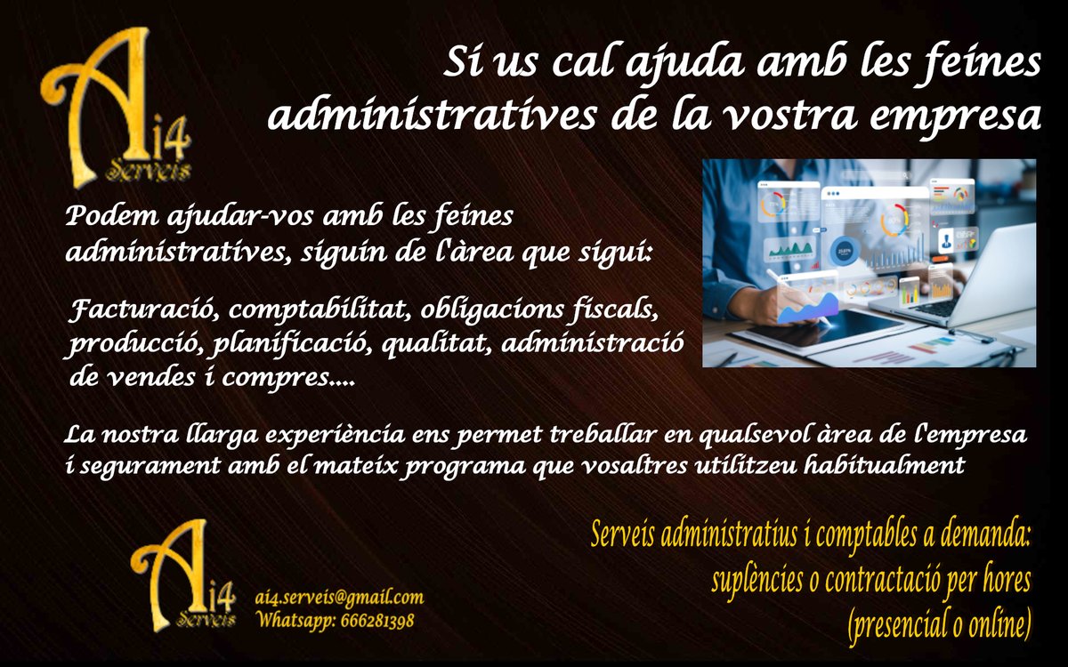 Si la feina es fa bé, la gestió es fàcil.
Si la feina no es fa prou bé,
la bona gestió administrativa ens ajuda a detectar-ho i ens ajuda a actuar.
Us ajuda a la vostra empresa? #SolucionsAi4

ai4serveis.wixsite.com/ai4serveis