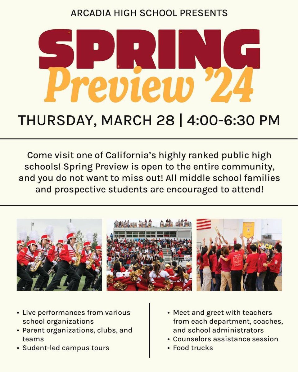 🚨 *Our Arcadia Unified middle school families are strongly encouraged to attend!*

It’s that time of year! Spring has arrived, and so has Arcadia High’s Spring Preview, which is a free-to-attend showcase of the impressive Arcadia High campus, its robust variety of academic, AP,