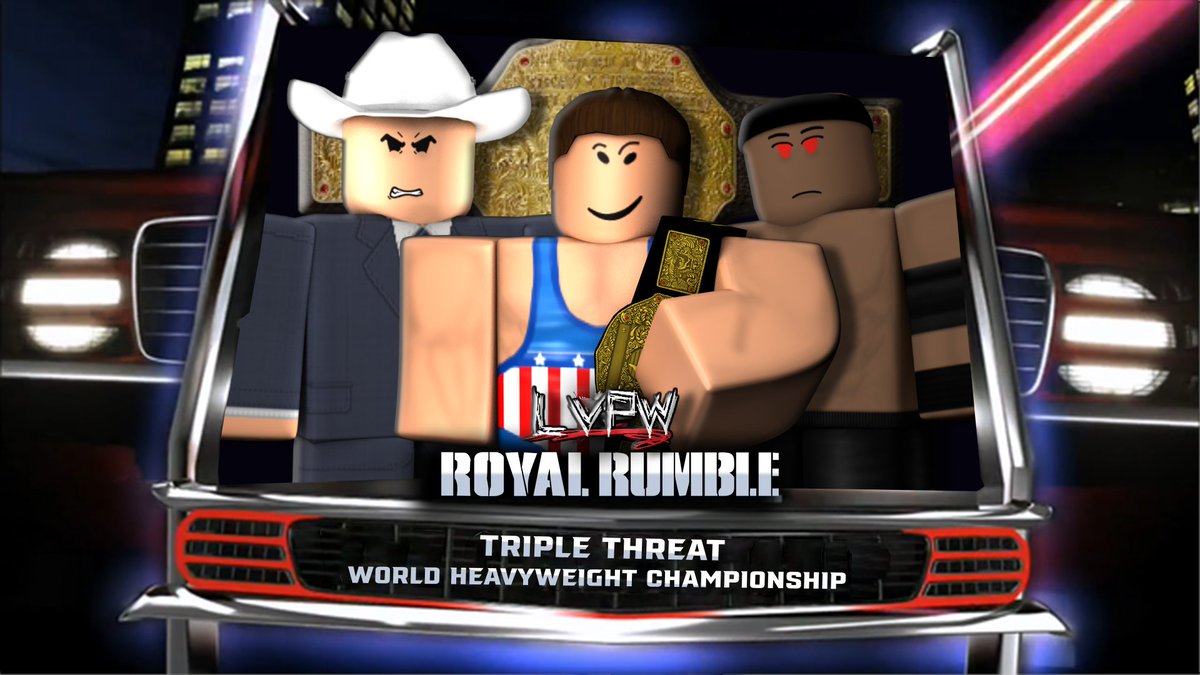 LVPWROBLOX's tweet photo. World Heavyweight Championship ON THE LINE! These 3 men, #MBL, #DeezAngle &amp; #ZimmyLashley all collide in the One of the 3 MAIN Events! Who will walk out World Heavyweight Champion, Find out April 23rd! #LVPWRoyalRumble https://t.co/65XwzbusKV