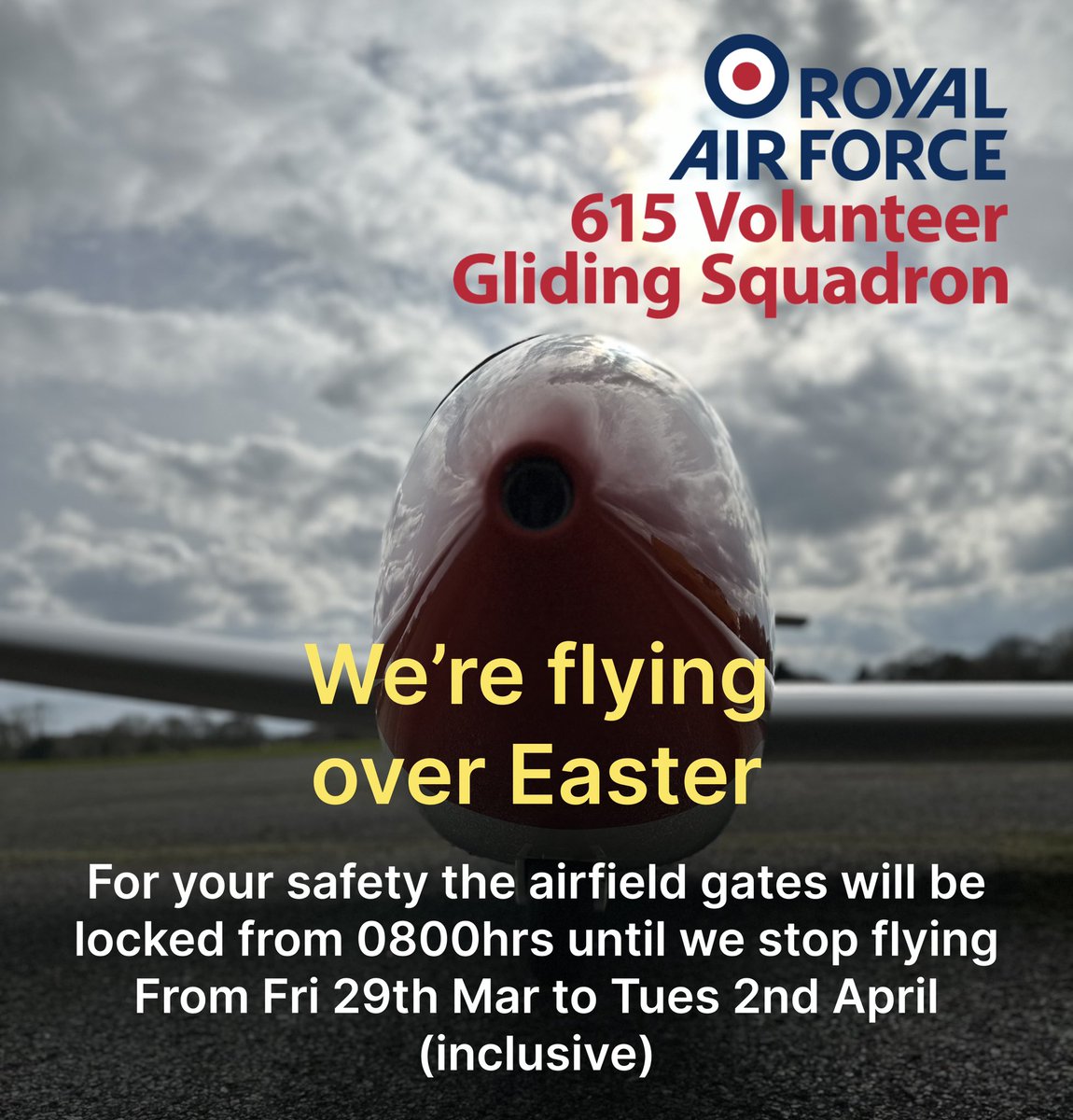 We’ll be flying <a href="/aircadets/">RAF Air Cadets</a> over five days starting from this Friday. Therefore we will lock the perimeter gates to the airfield from 0800hrs each day, starting on Friday morning. Safety first as always.