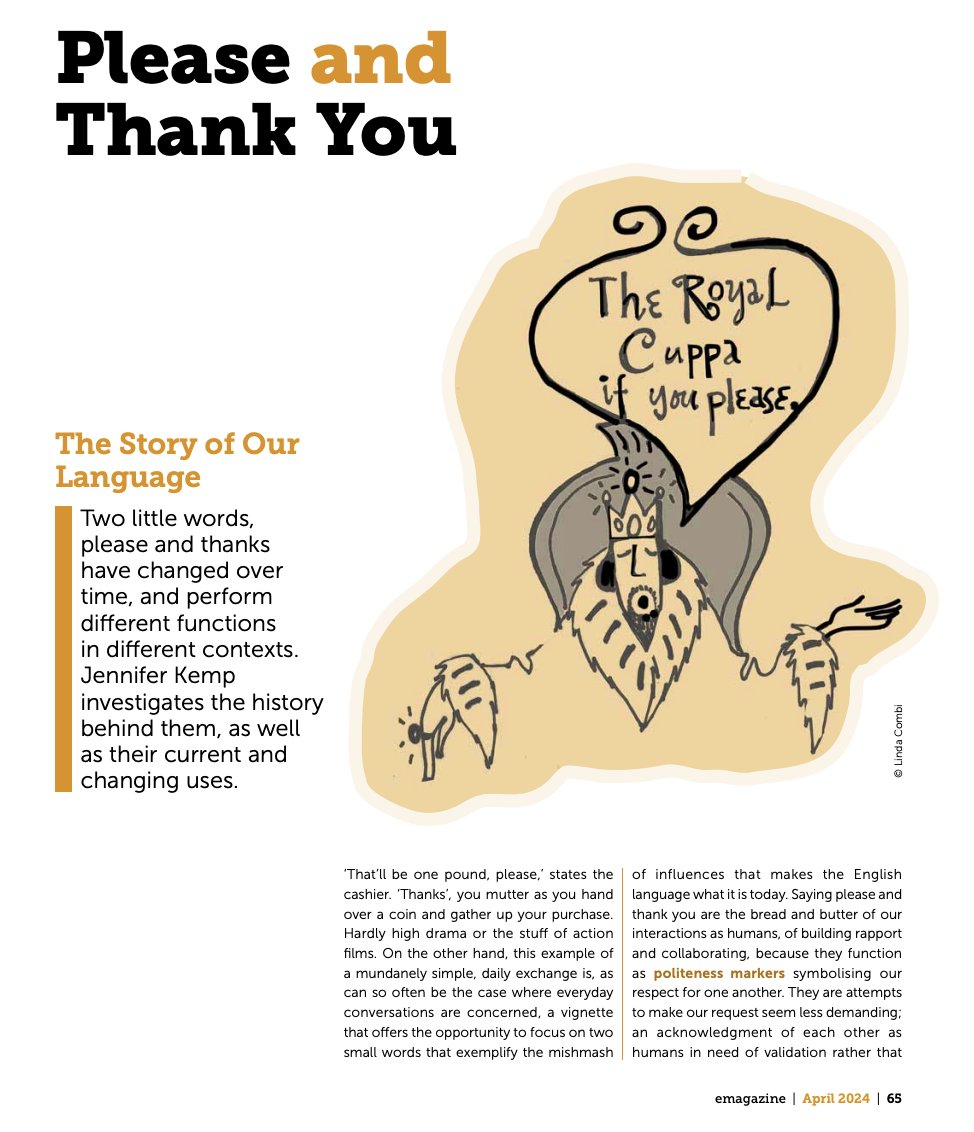Another lovely English Language piece in the April issue, looking at the history of please and thank you.