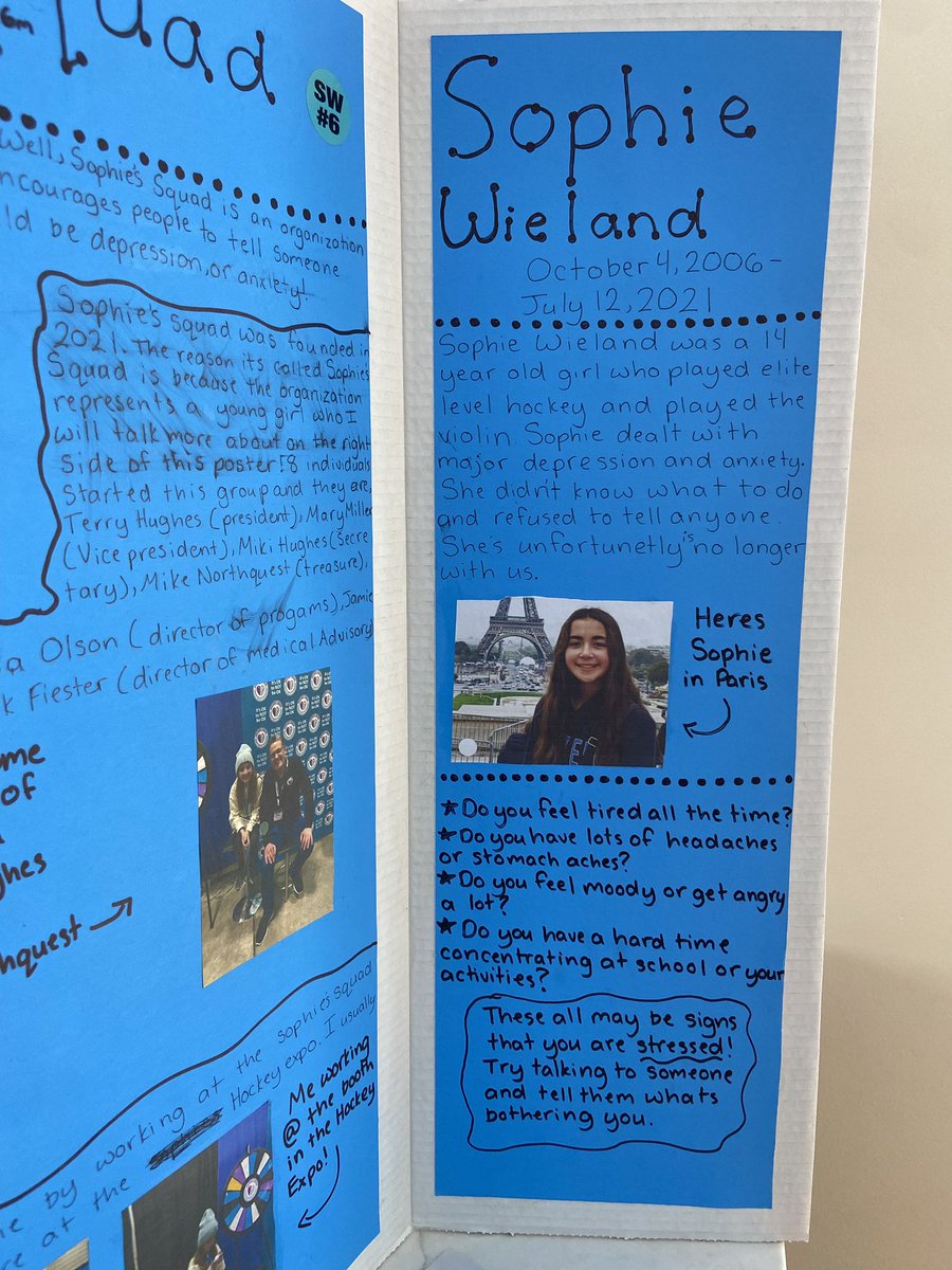 SophiesSquad's tweet photo. Our amazing volunteer Alex Tobias made this amazing project about Sophie’s Squad for school.  Thanks to volunteers like her for helping us end the stigma!
#mentalhealthmatters #itsokaynottobeokay https://t.co/3usV1mlX9F