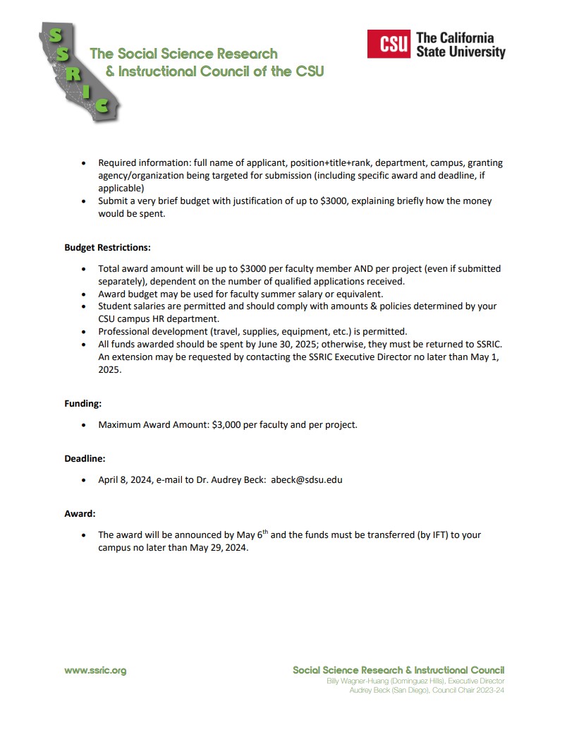 csusmogsr's tweet photo. GRANT OPPORTUNITY:

SSRIC Faculty Seed Grant Program

SSRIC Seed Grant opportunity is available to any CSU faculty in a social science discipline. Check out the flyer for more info! https://t.co/5wdrvpk8ED