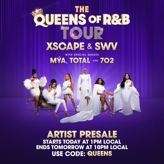 👑 QUEENS OF R&B TOUR 👑 PRE-SALE starts TODAY, Wednesday, March 27th @ 1pm your local time, thru tomorrow Thursday, March 28th @ 10pm your local time via @ticketmaster CODE: QUEENS 🎫 🔗 Link in story 👈🏽 🗓️ Dates & details on myamya.com/events 🏙️ Drop your city below👇🏽