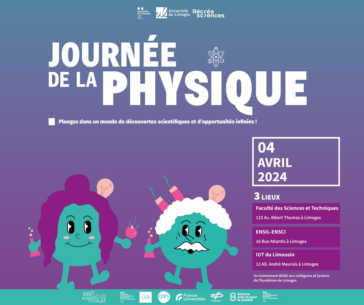 Dans le cadre de l’Année de la #Physique, 1300 élèves de l’Académie de Limoges sont attendus sur nos campus le 4 avril et pourront participer à de nombreuses activités de culture scientifique proposées par l’Université, le Rectorat et @recreasciences. 👉 swll.to/ehoaLe