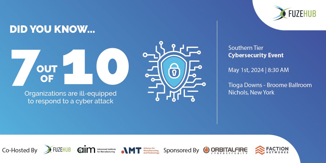 Fuzehub's tweet image. Join us at the Southern Tier Cybersecurity Event on May 1st, 8:30 AM - 11:45 AM in Nichols, NY. Learn how to protect your business from cyber threats.
🔒 Register here: bit.ly/3OQlvCH 
#CybersecurityEvent #ManufacturingProtection