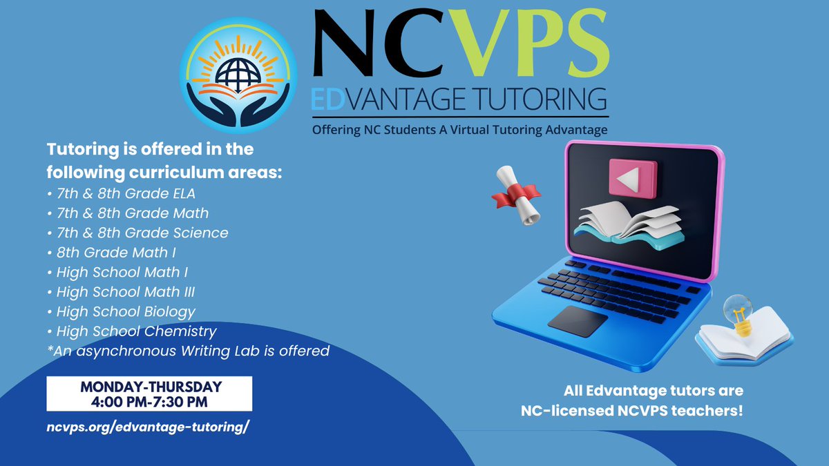 Help your student prepare for exams and finish the semester strong! 🧑‍🎓 Take advantage of Edvantage Tutoring, available until May 23! 📚 Learn more at ncvps.org/edvantage-tuto… #WeAreNCVPS #EdvantageTutoring #NorthCarolina #OnlineLearning #MiddleSchool #HighSchool #NCVPS