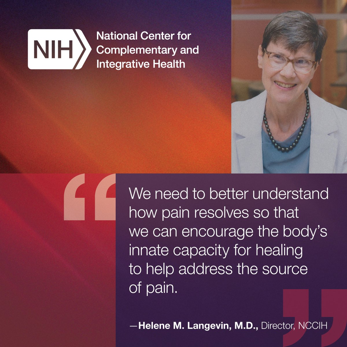 The dual epidemics of chronic pain and opioid misuse make it clear that treating pain as a symptom is not enough. @NIH_NCCIH is driving research that can help us better understand our own built-in mechanisms of pain resolution. bit.ly/3IRueRM