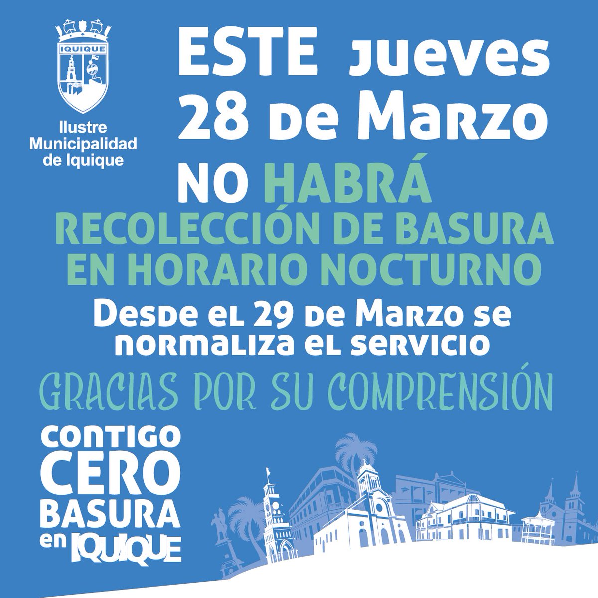 IquiqueDeTodos's tweet photo. 📢 ¡¡ATENCIÓN VECIN@S!!

IMI INFORMA CAMBIO EN RETIRO DE BASURA DOMICILIARIA

Este será debido a la conmemoración de Semana Santa en #Iquique...

RECUERDE: USTED ES EL PRINCIPAL FACTOR PARA MANTENER LIMPIA LA CIUDAD… ¡¡EVITE MULTAS!!

@IquiqueDeTodos, #ContigoCer0Basura https://t.co/b0SDOTz6mu
