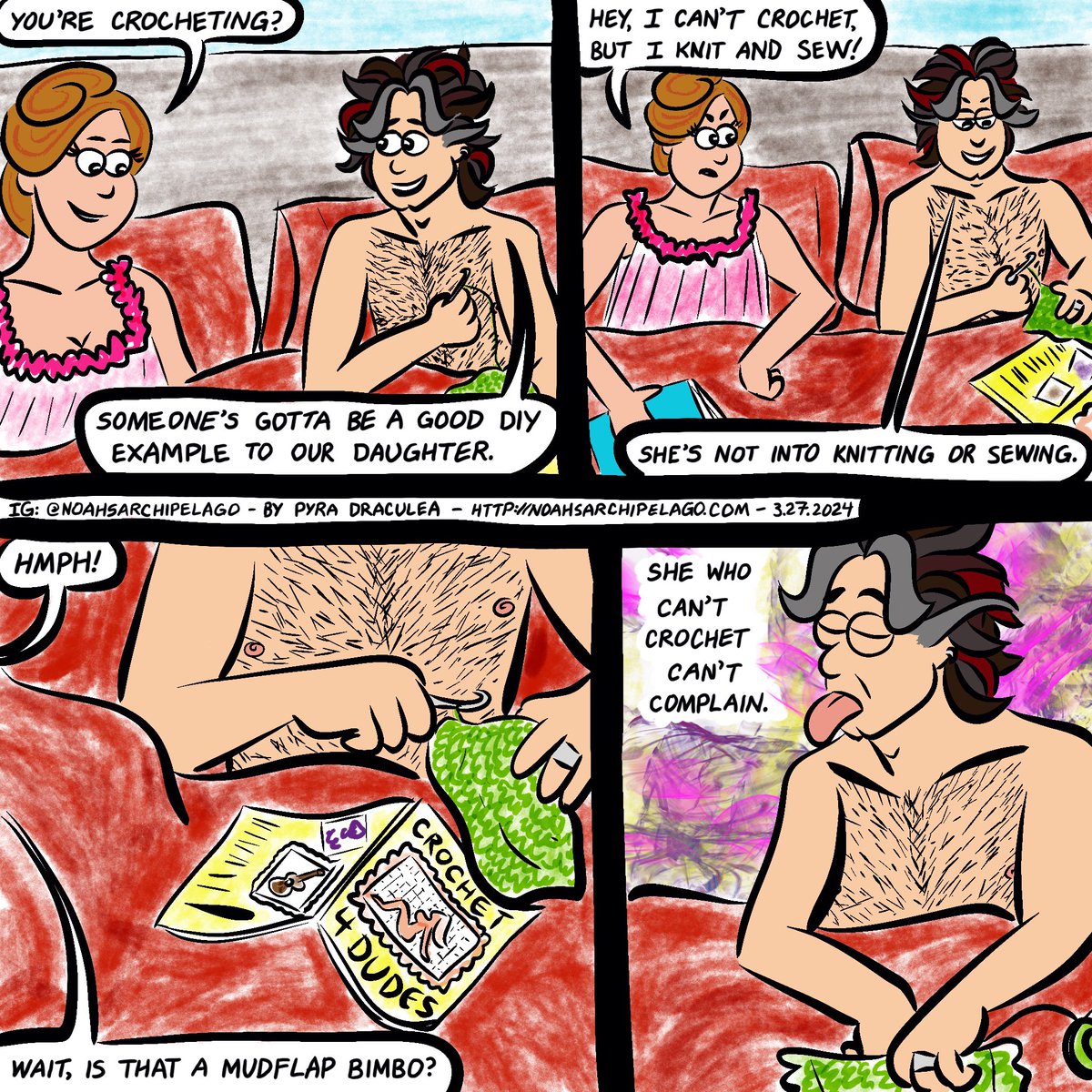KingNoahthe1st's tweet photo. Todayβs #comic, in which Noah takes crochet matters into his own handsβ¦ to Ruthβs amusement and annoyance.
#comicstrips #canadianartist #comicseries #onlinecomics #webcomic #comics #comicstrip #cartoon #daddy #diy #settingagoodexample #doilies #crochet #husbandandwife https://t.co/claChW5SSf