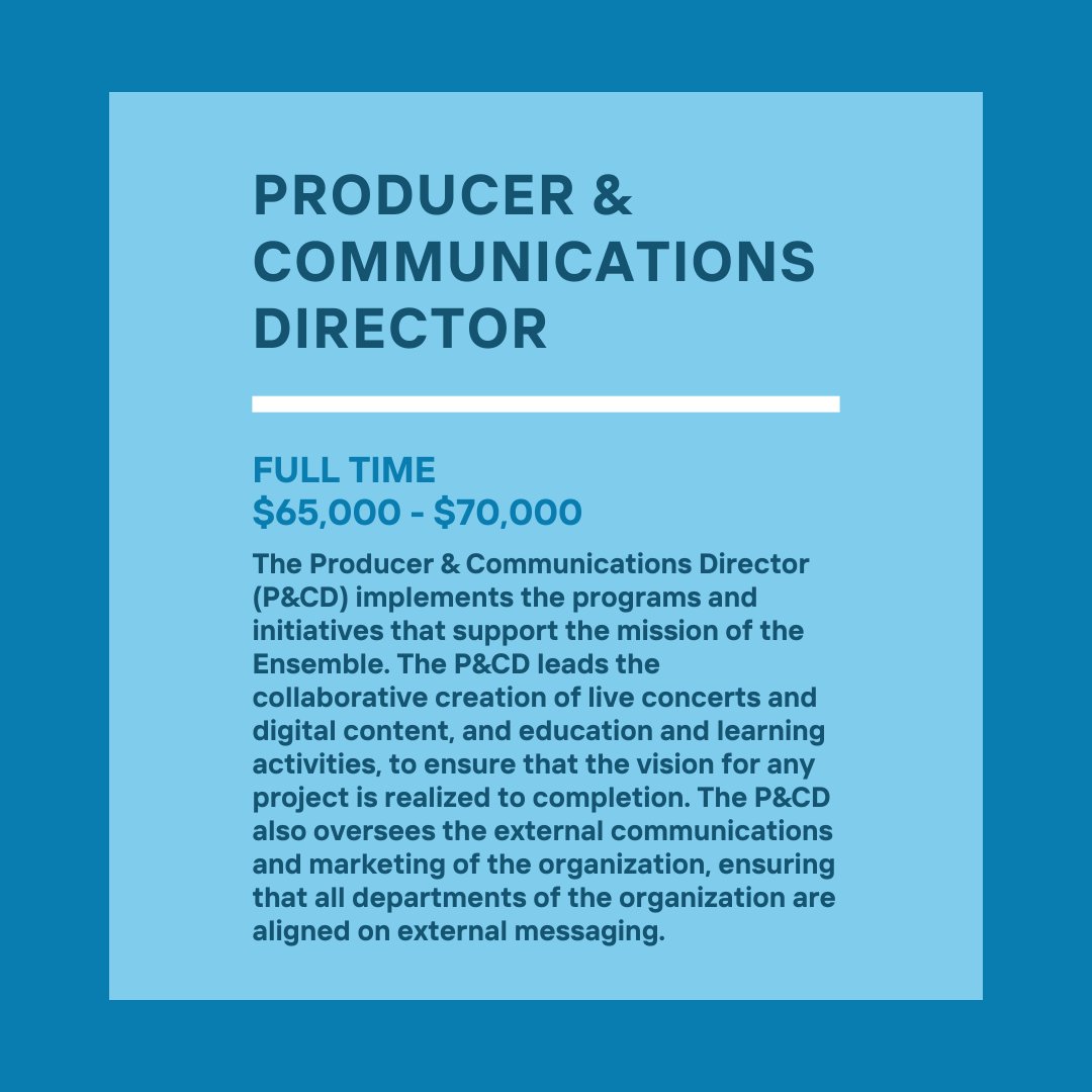 Opportunity alert! 🚨 @IntContemporary is hiring their next Producer & Communications Director (P&CD). The Producer & Communications Director (P&CD) implements the programs and initiatives that support the mission of the International Contemporary Ensemble. The P&CD leads the