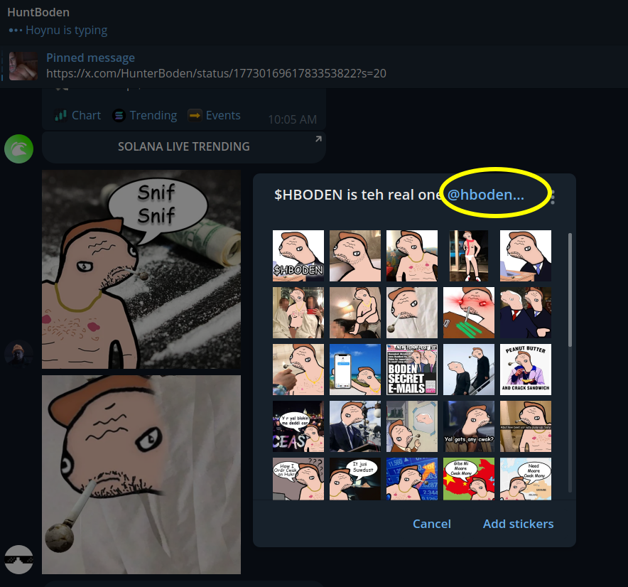 huntboden p&amp;d losing steam.
The real $hboden stickers are constantly spammed in their tg that has a link to the real coin's tg. 
They like our memes.

real <a href="/henturboden/">Hentur Boden $HBODEN</a> / <a href="/hbodencoin/">Hentur Boden - $HBODEN</a> to 50M
fake huntboden to 0

hbodencoin.com teh real hentur boden that doesnt steal memes