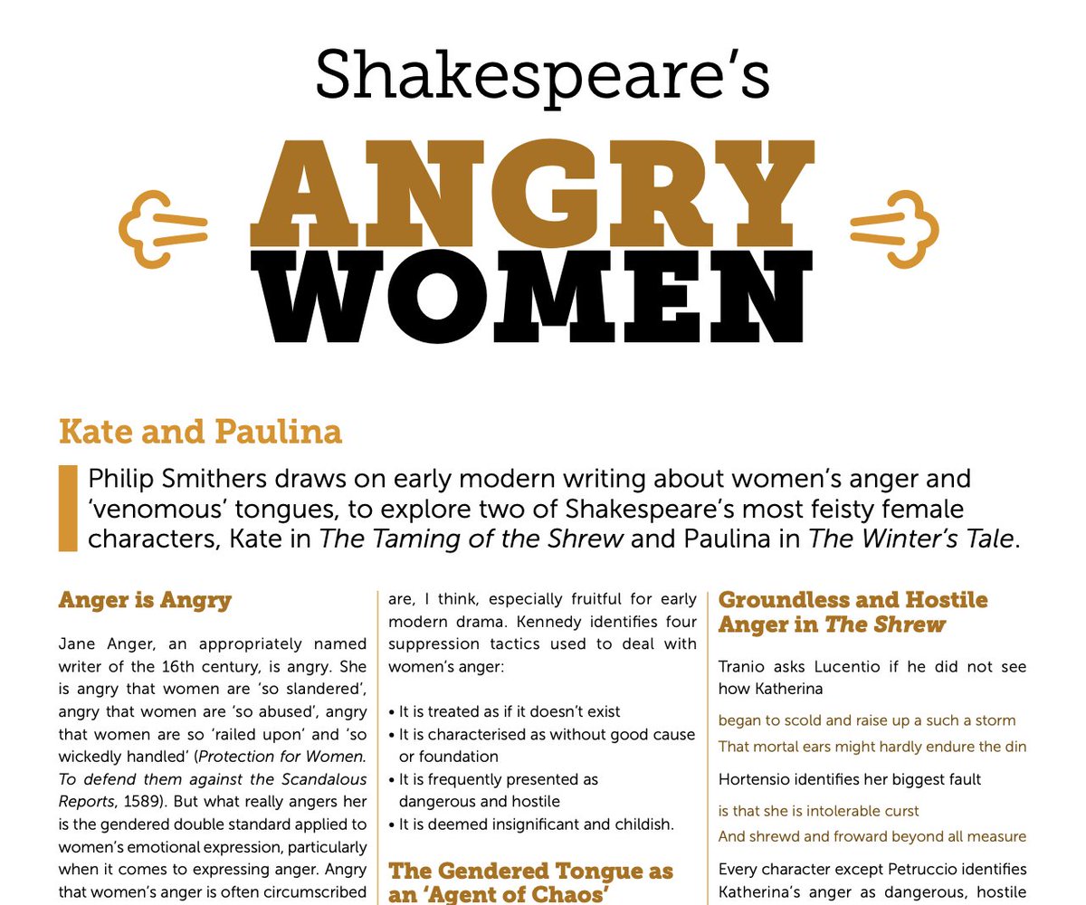 And there's a great piece on Shakespeare in April issue of the mag by @hoke_mosely, introducing readers to the ideas of the brilliantly aptly named Jane Anger & other 16th c writers with strong views on women's fury & how their ideas relate to Shakespeare's presentation of women.