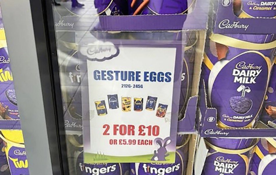 Hi <a href="/CadburyUK/">Cadbury UK</a> 

Can you explain what a “gesture egg” is please?

Also, given that there are lots of chocolate brands to choose from, I wonder why you would align yourself with a noisy minority who are most likely lactose intolerant vegans anyway.

First Iftar Kit Kats. Now this.