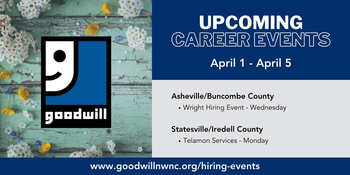 A new month brings new opportunities! 🙌🙌🙌

All month long, we'll be hosting local employers who are ready to hire in your community. To learn more about these events and the positions available, visit goodwillnwnc.org/hiring-events.